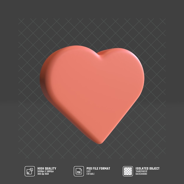 3D render heart shape icon with gray background. 3D render heart shape in air with side angle. 3d valentine concept illustration