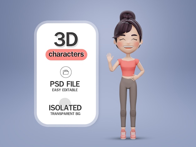 3d render  Hello nice to meet you. Cute girl character waving hand hello