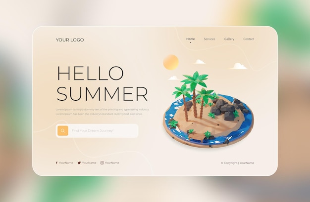 3d render of Hello summer landing page design template