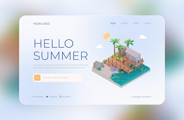 3d render of Hello summer landing page design template