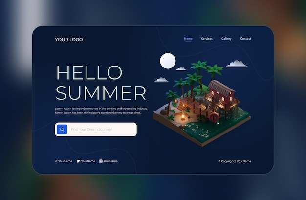 3d render of Hello summer landing page design template