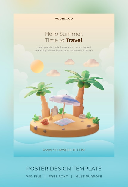 3d render, Hello Summer poster template, with illustration coconut tree and umbrella beach