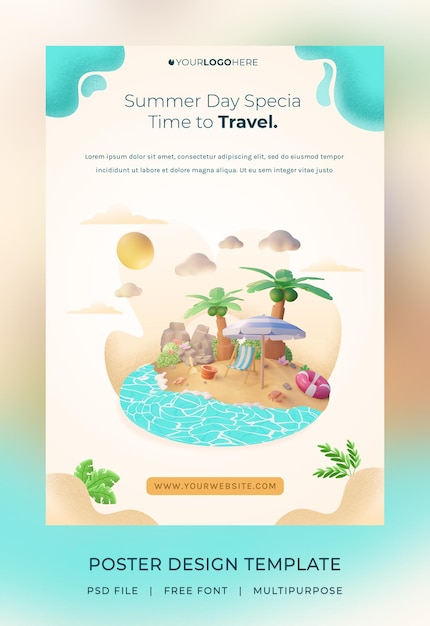 3d render, Hello Summer poster template, with illustration coconut tree and umbrella beach