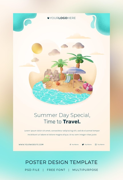 3d render, hello summer poster template, with illustration coconut tree