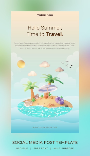 3d render, Hello Summer, social media post story template, with illustration coconut tree and umbrella beach