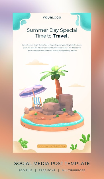 3d render hello summer social media post story template with illustration coconut tree