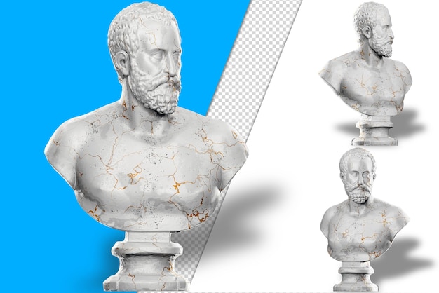 3D render of a historical bust statue with stone texture gold accents Ideal for historical design