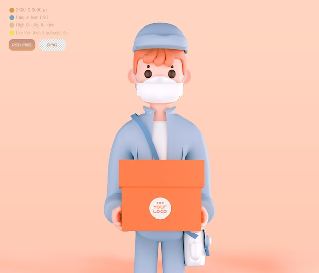 3d render home delivery rider delivery man in medical mask parcel box fast delivery by motorcycle mockup image