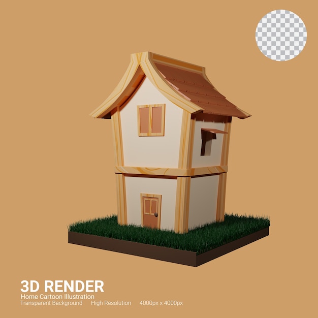 3D Render House Illustration with wood texture and grass