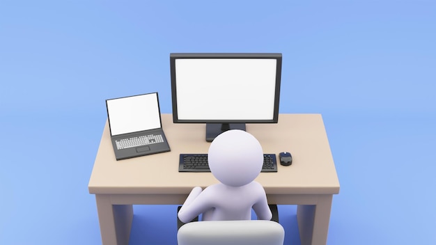 3D Render of Human Character Sitting At Workplace On Blue Background