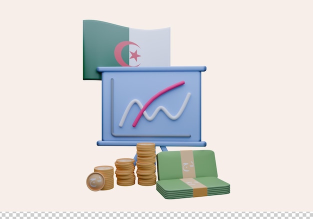 3D render illustration of Algeria flag and currency called Dinar