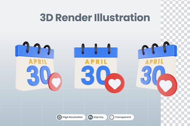 3d render illustration calendar with love icon isolated