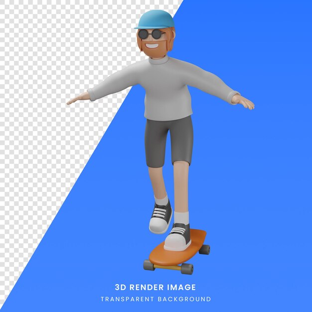 PSD 3d render illustration cartoon character of man playing skateboard