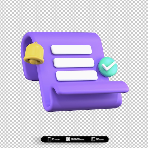 3D render illustration checklist document with bell icon isolated