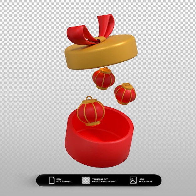 3d render illustration chinese new year open gift box and red lantern icon isolated