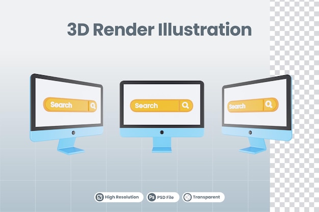 3d render illustration computer monitor with search browser icon isolated