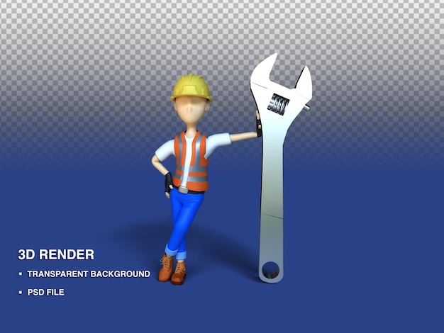 3D Render Illustration Construction Worker character leaning in wrench, PSD File