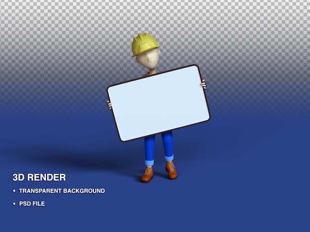 3D Render Illustration Construction Worker Holding White Board , PSD File