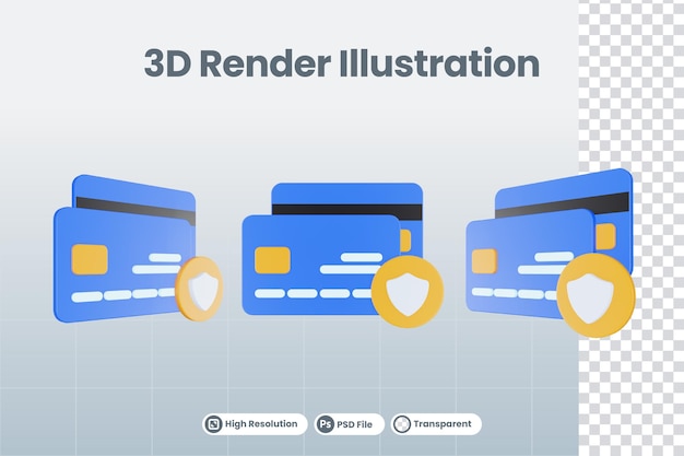 3d render illustration credit card with secure protection icon isolated