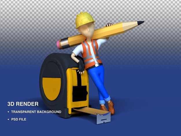 3D render illustration Cute character worker and leaning on the measuring tool and carrying PSD File