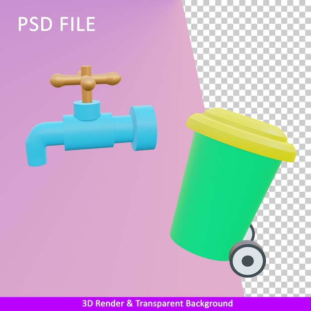 3d render illustration faucet and trash