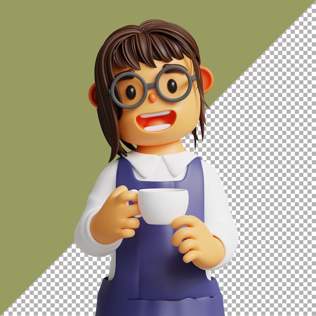 3D render illustration girl drinking coffee cartoon