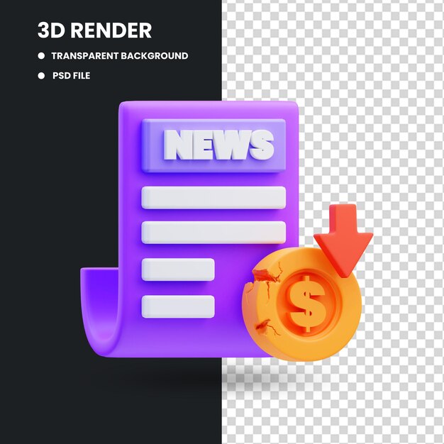 3d render illustration of news paper icon about economic recession, financial crisis