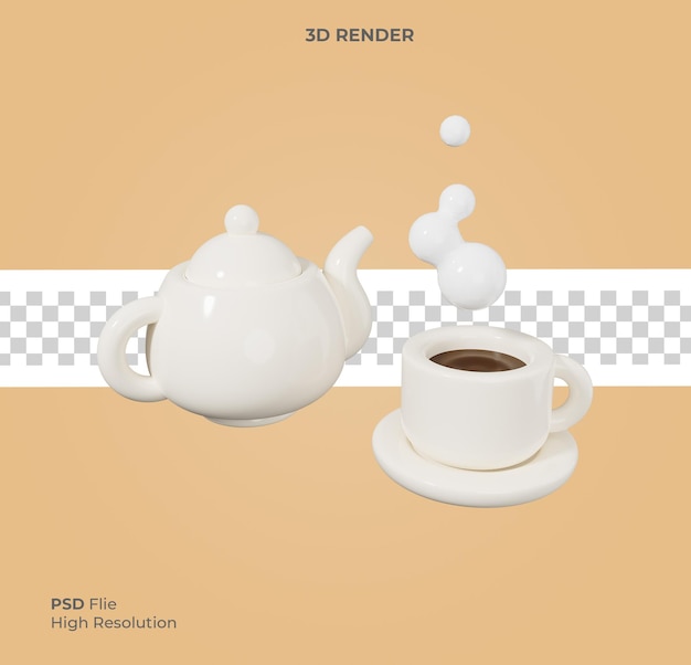 3d Render Illustration of White cup of hot tea and teapot Isolated