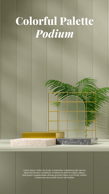 3d render image empty mockup gold terrazzo marble podium in portrait green wall and palm plant