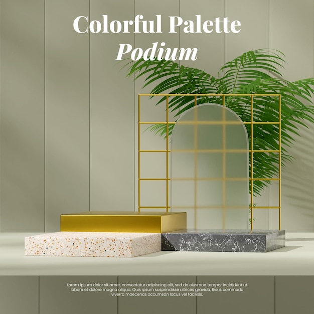 3d render image empty mockup gold terrazzo marble podium in square green wall and palm plant