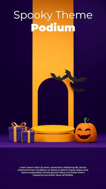 3d render image mockup of yellow podium in portrait with jack o lantern, gift box, and bat