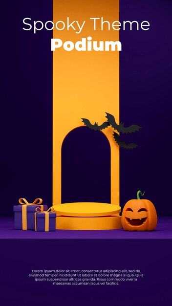 PSD 3d render image mockup of yellow podium in portrait with jack o lantern, gift box, and bat