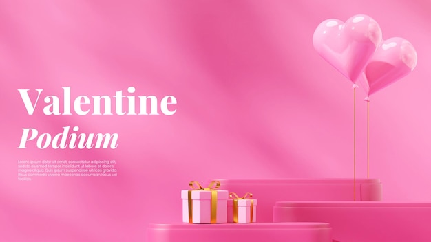 3d render image scene mockup pink color podium in landscape gift box, heart shaped baloon valentine
