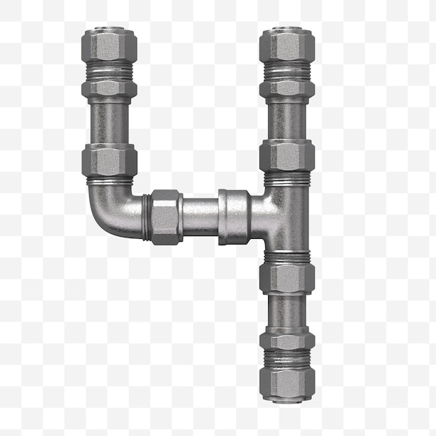 3d render of industrial alphabet number 4 made of iron water pipe isolated