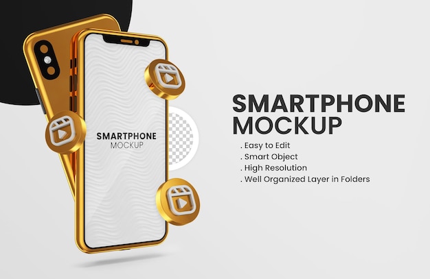 3d render instagram reels icon on gold smartphone mockup