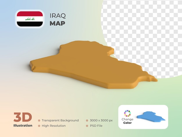 3d render Iraq country map 3d render with transparent background and can change color