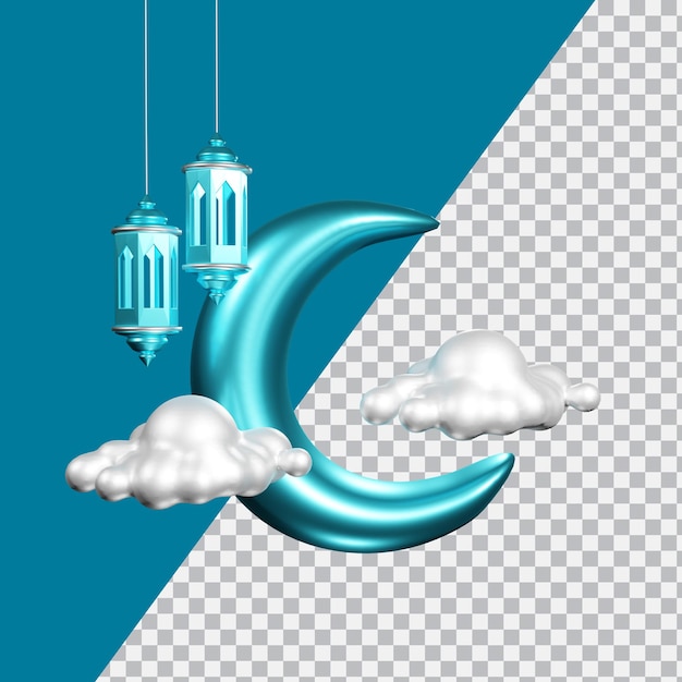 PSD 3d render islamic ornament blue moon and lantern