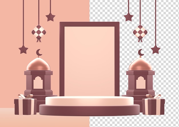 PSD 3d render of islamic podium background with gifts and arabic decoration ornaments v3