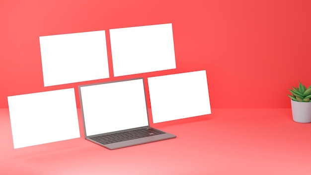 3D Render Of Isolated Laptop With Blank Floating Screen Mockup And Plant Pot On Red Background