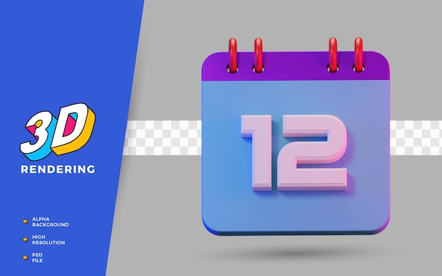 3D Render isolated symbol calendar of 12 days for daily reminder or planning