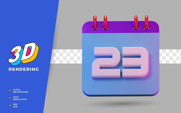 3D Render isolated symbol calendar of 23 days for daily reminder or planning