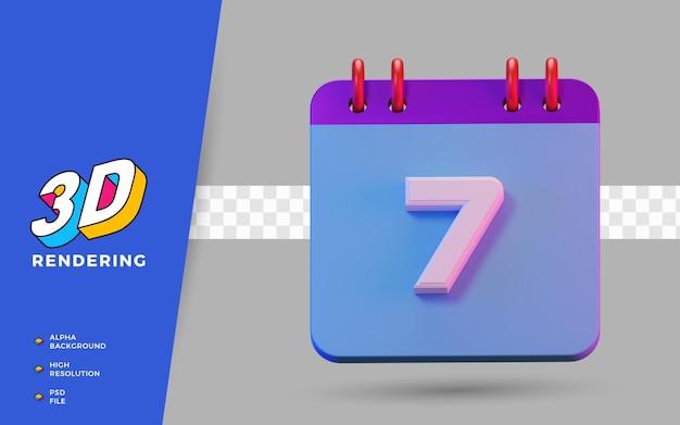 3D Render isolated symbol calendar of 7 days for daily reminder or planning