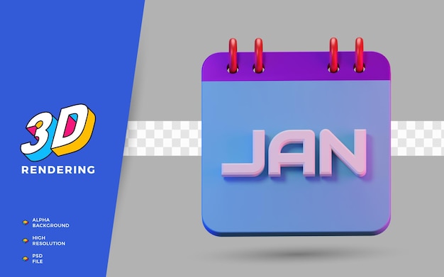 3D Render isolated symbol of calendar january months for daily reminder or planning