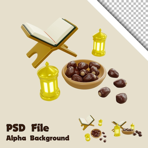 3d Render Jug of Dates and Quran and Arabic Lantern with Alpha Background