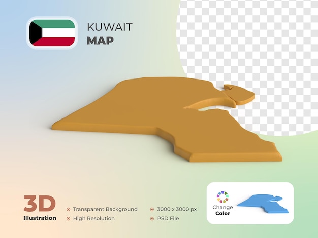 3d render kuwait country map 3d render with transparent background and can change color