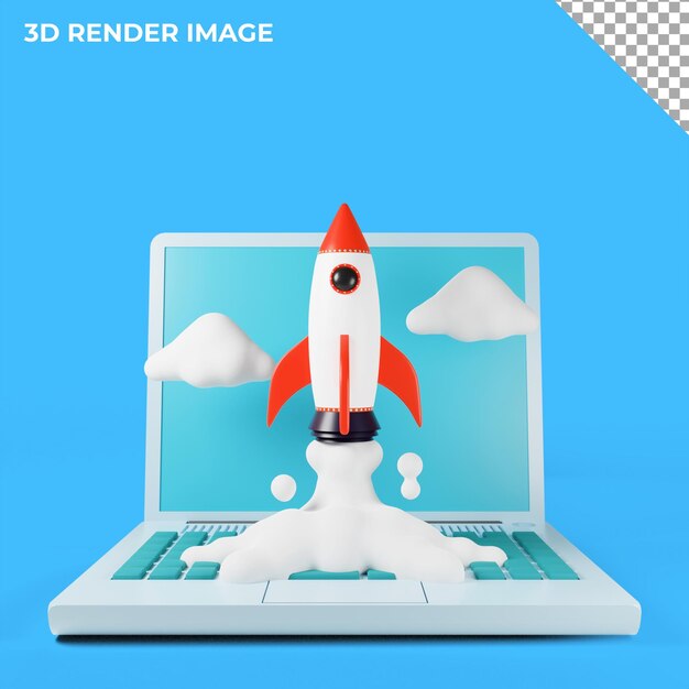 PSD 3d render laptop with rocket launch business technology design illustration