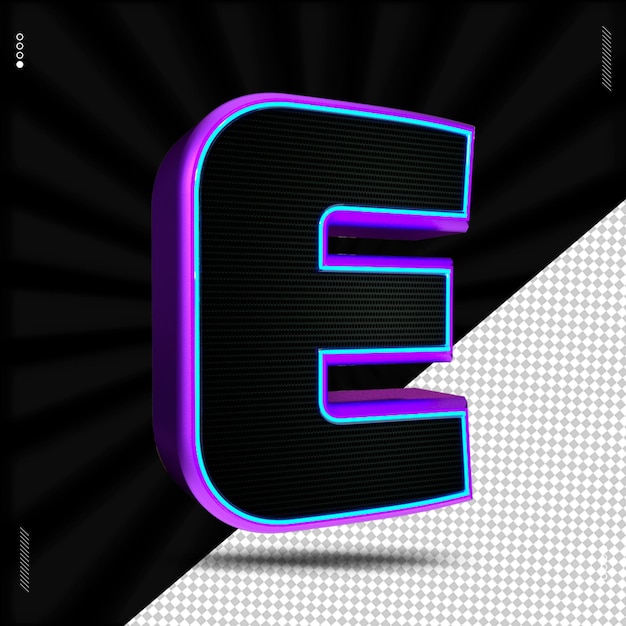 3d render letter e font neon