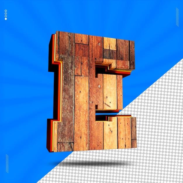 3d render letter e font wood