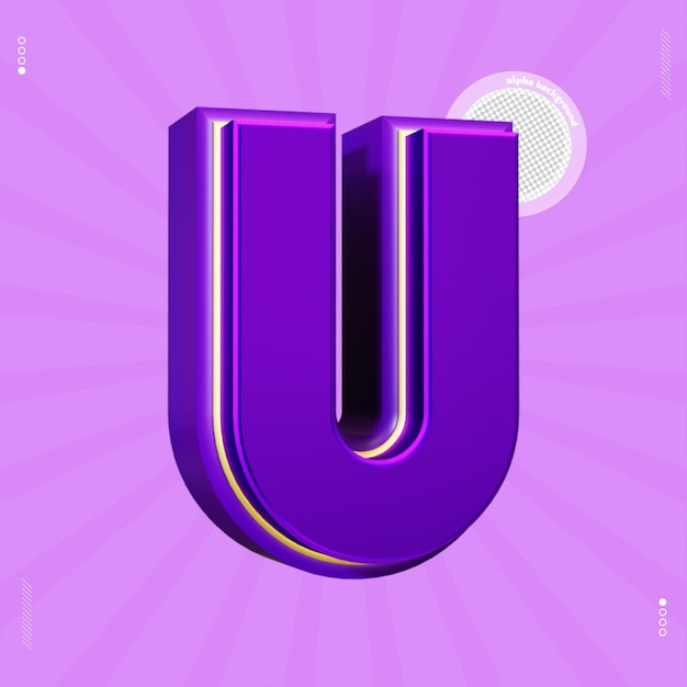 3d render letter u font purple