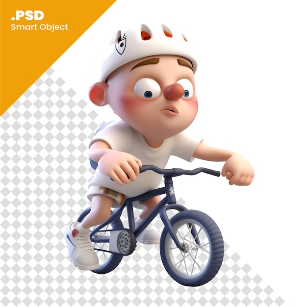 3D Render of a Little Boy Riding a Bike on White Background PSD template